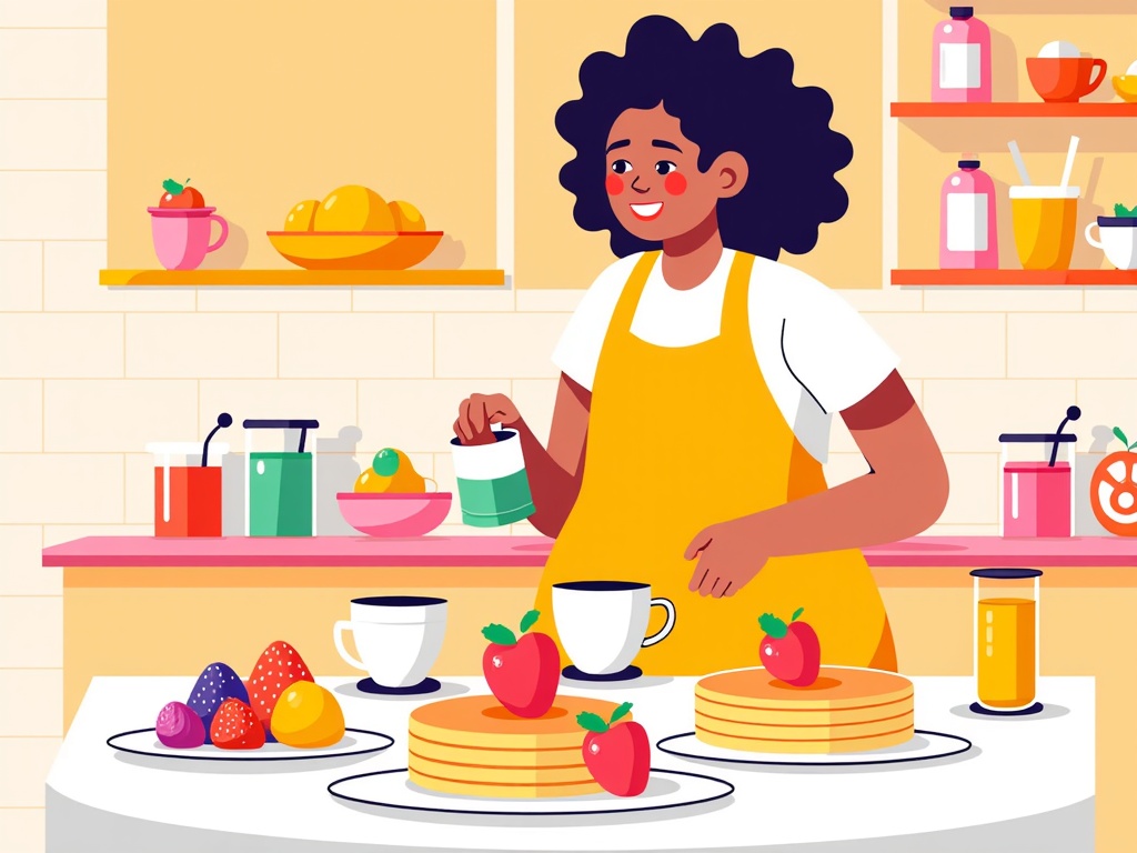  a young woman in a kitchen preparing a breakfast. She is wearing a yellow apron and has curly black hair. The woman is standing in front of a kitchen counter with a stack of pancakes on it. There are two cups of coffee and a plate of fruit on the counter. On the right side of the counter, there is a glass of orange juice. In the background, there are shelves with various kitchen items such as bottles, jars, and bowls of fruit. The overall color scheme of the image is bright and cheerful.