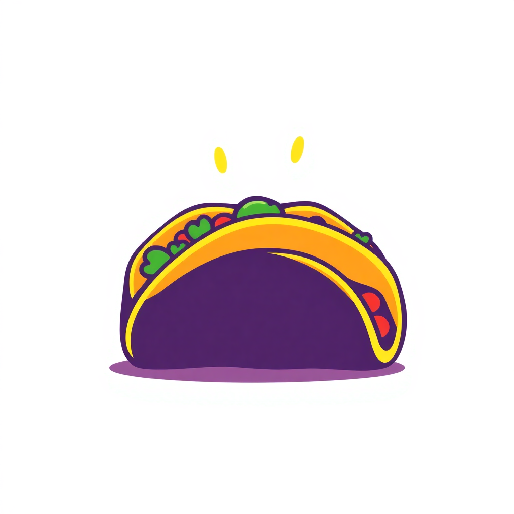 The image is an illustration of a taco. The taco is purple in color with a yellow stripe running along the top. It is filled with green and red ingredients, including lettuce, tomatoes, and cheese. There are two small yellow dots on top of the taco, which appear to be sprinkles. The background is white.