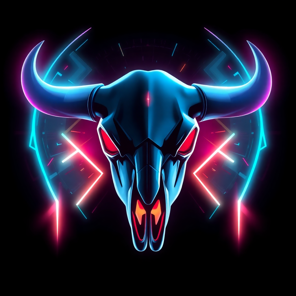 A digital art piece of a bull skull rendered in a futuristic style with glowing neon accents and abstract shapes, exploring a modern take on the classic image.