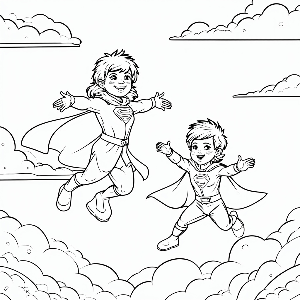 A young superhero learning to fly, with a mentor figure providing guidance against a backdrop of fluffy clouds and bright sky.