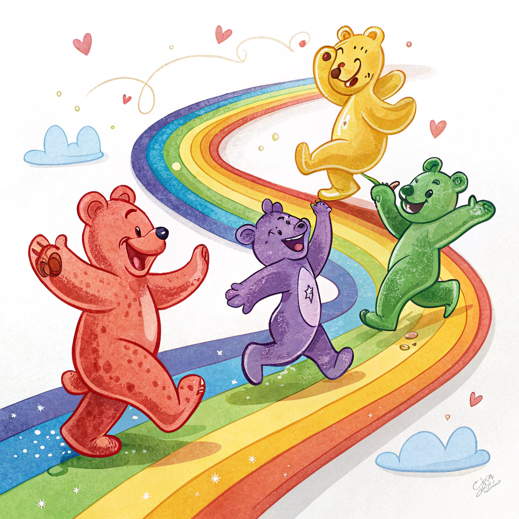 Multiple colorful Gummi Bears happily marching or dancing along a flowing, S-shaped rainbow path.