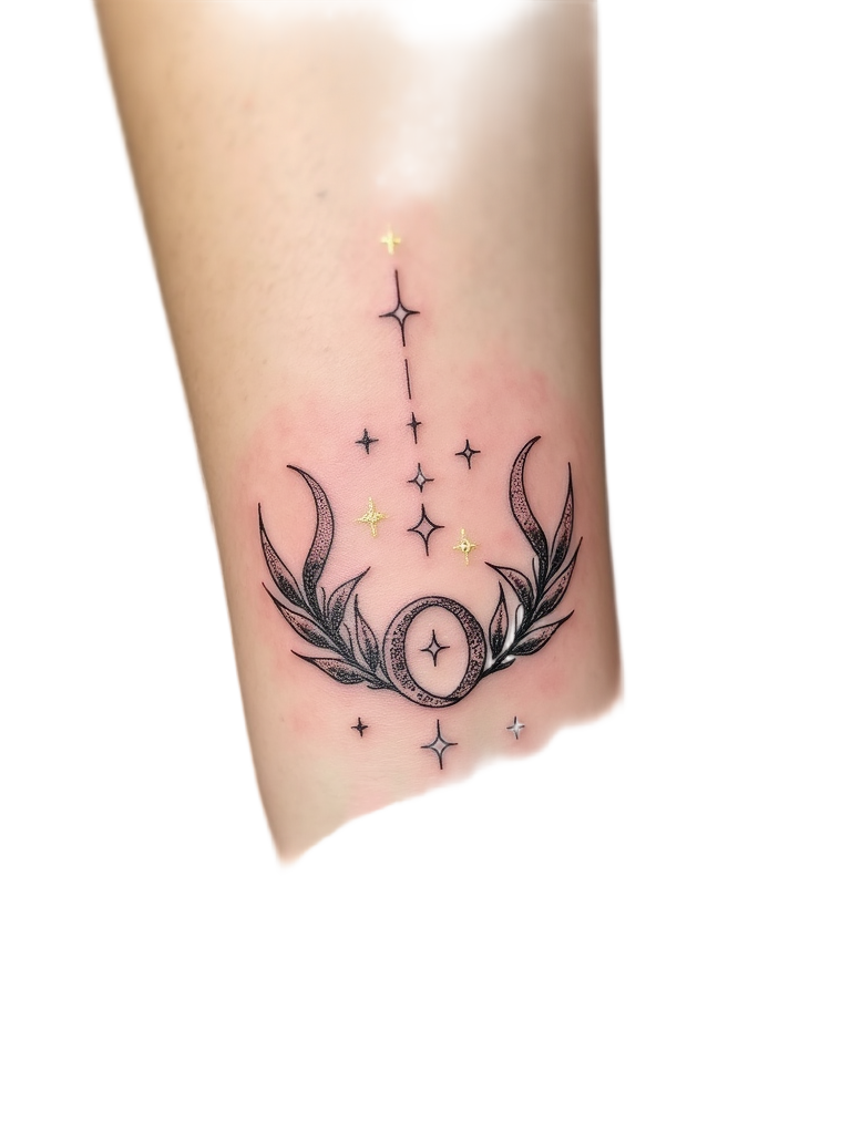 An enchanting celestial crown tattoo adorns the forearm, crafted from tiny stars and crescent moons, twinkling against the skin's canvas.