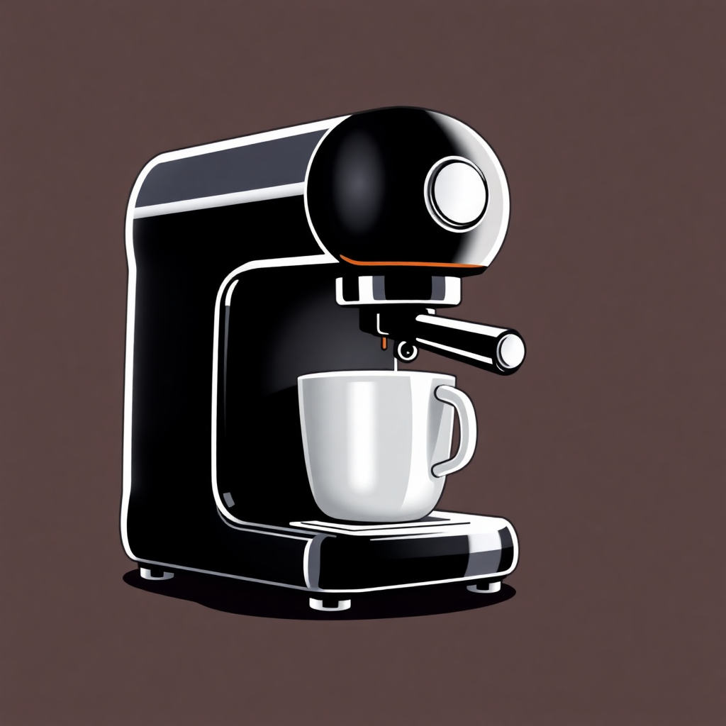 The image is a digital illustration of a black coffee machine with a white cup on the right side. The coffee machine has a sleek and modern design with a glossy finish. The top of the machine is round and has a handle on the left side, which is used to pour the coffee into the cup. The cup is white and appears to be empty. The background is a solid brown color, making the coffee machine stand out. The overall style of the illustration is minimalistic and minimalistic.