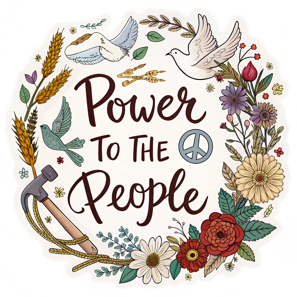 Symbolic Elements Wreath Sticker: The floral wreath subtly incorporates symbols of labor or peace (e.g., small doves, wheat stalks, or tools like a hammer or gear cleverly disguised as floral elements) alongside traditional flowers. 'Power to the People' is typeset clearly, perhaps integrated into the circular form of the wreath.