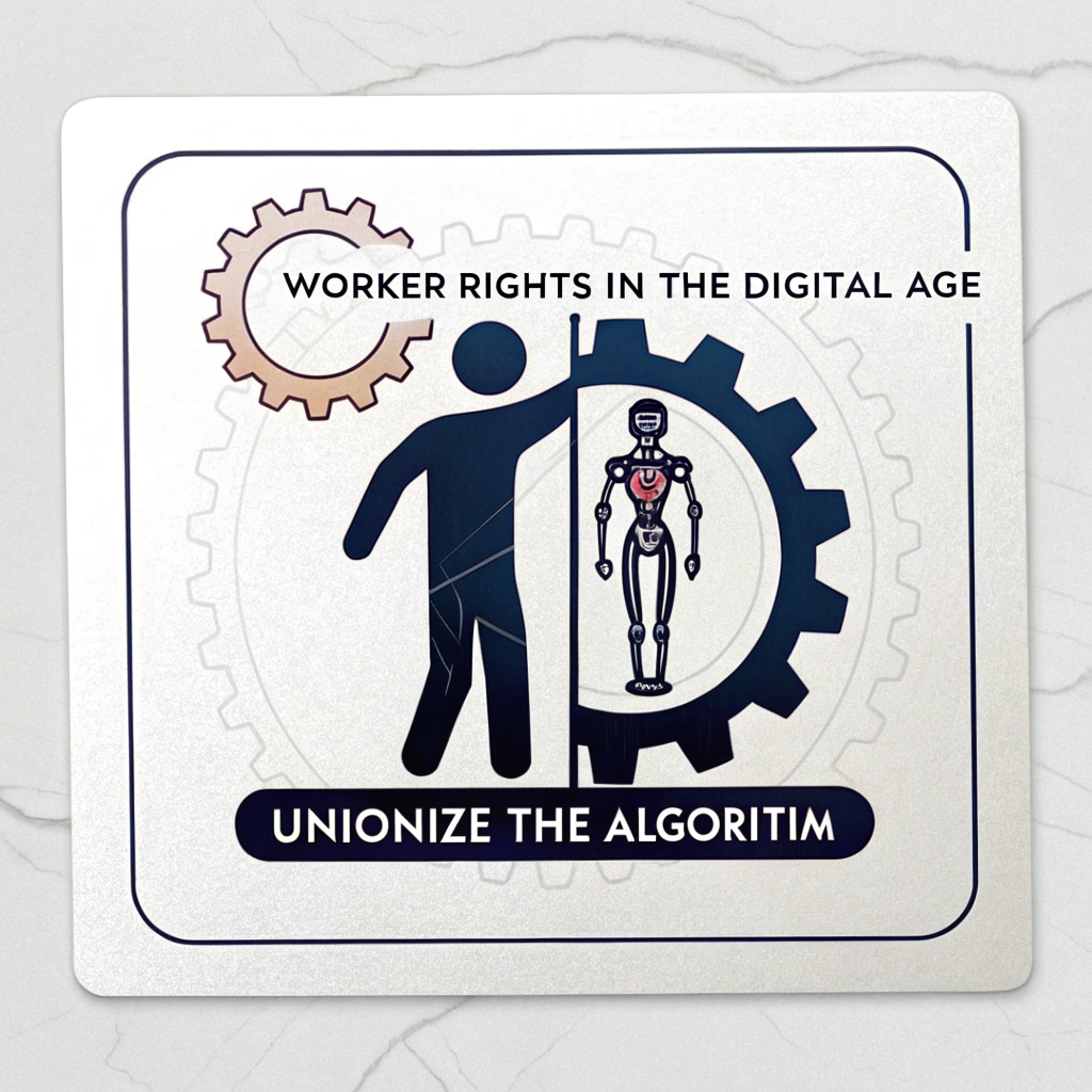 Simple icon-style graphic showing a human silhouette merged with or trapped inside a gear or network node symbol. Text suggestion: 'Worker Rights in the Digital Age' or 'Unionize the Algorithm'.