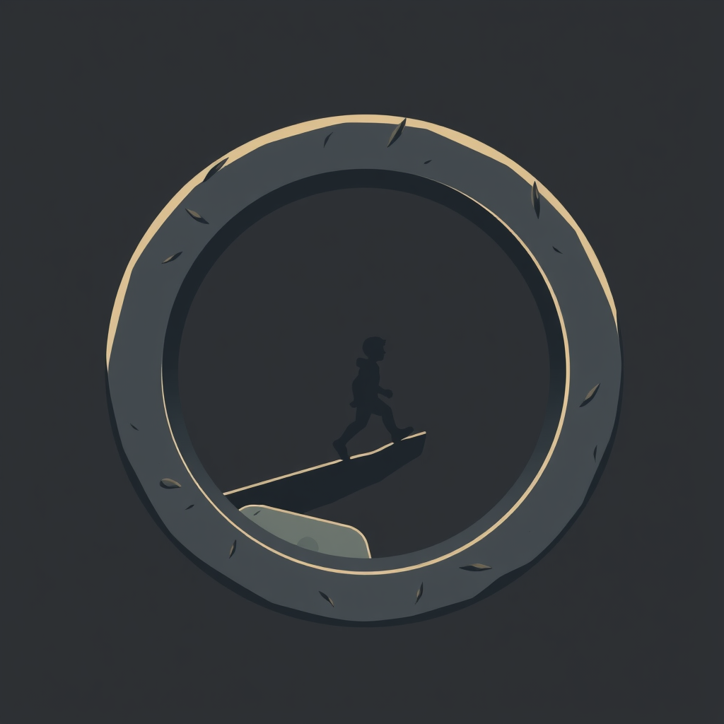 Grindstone as a Path: The circular edge of a grindstone forms a visible path or a challenging circular loop, with a small human silhouette depicted walking or climbing it, symbolizing the continuous journey and effort inherent in a startup.