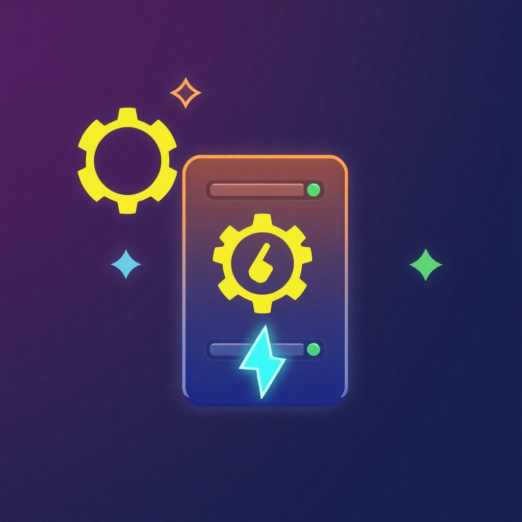 The image is a digital illustration of a smartphone with a gear icon on the screen. The phone is in the center of the image and is surrounded by two yellow gears on either side. The gears are connected by a blue lightning bolt. The background is a gradient of purple and blue, with small white stars scattered around. The overall design is modern and minimalistic.