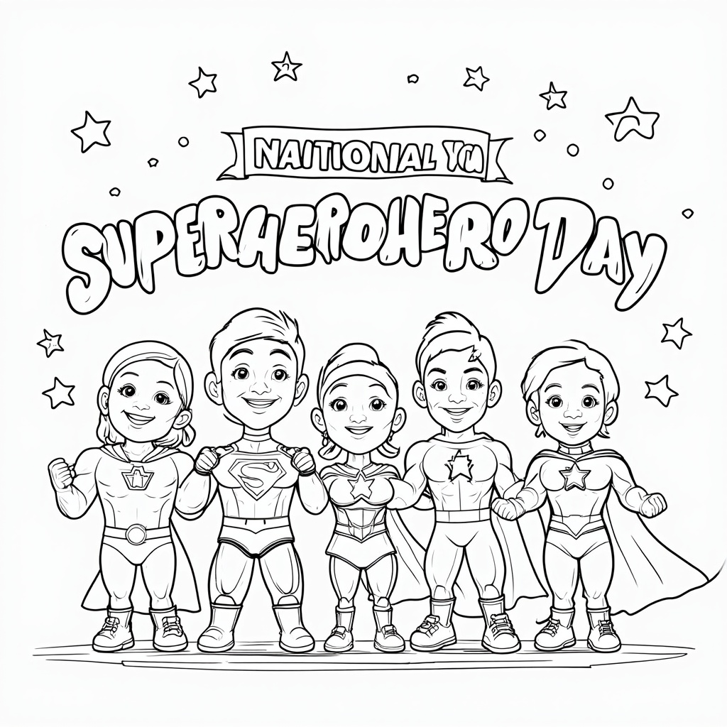 Design Idea 2: A friendly, welcoming scene where diverse heroes link arms or give reassuring gestures, set against a backdrop with stars and a subtle 'National Superhero Day' banner.