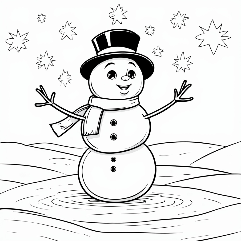 The image shows a snowman with a top hat and scarf standing in the snow. The snowman is surrounded by a wintery landscape with snowflakes falling from the sky and a few trees in the background. There is a watermark in the bottom right corner of the image, indicating that it is a free printable coloring page.