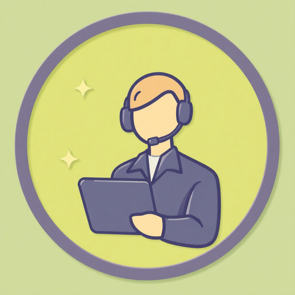 The image is an illustration of a person wearing a headset and holding a laptop. The person is wearing a blue shirt and has a neutral expression on their face. The background is a light green color with a purple circle in the center. There are two small yellow stars on either side of the circle. The overall style of the illustration is flat and minimalistic.