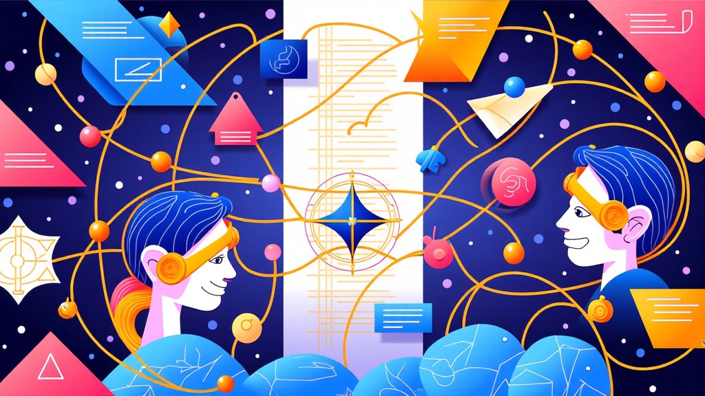 An abstract illustration where lines of code, data streams, and geometric shapes dynamically transform and converge to form recognizable MR/metaverse elements like headsets, interactive globes, or digital avatars, symbolizing the creation process.