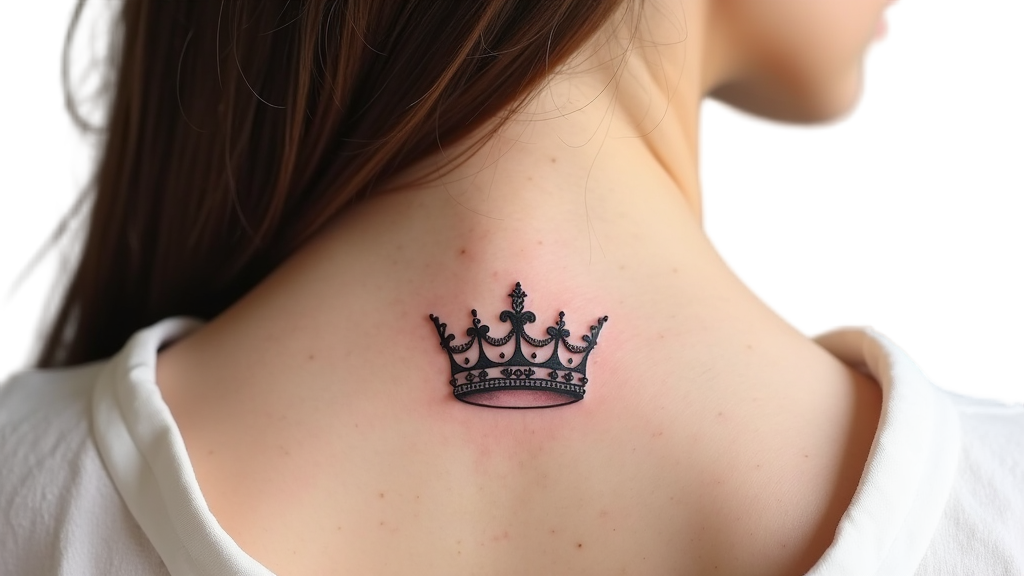 A fine line crown tattoo behind the collarbone with minimalist design, where less ink highlights the elegance and delicacy of the art.