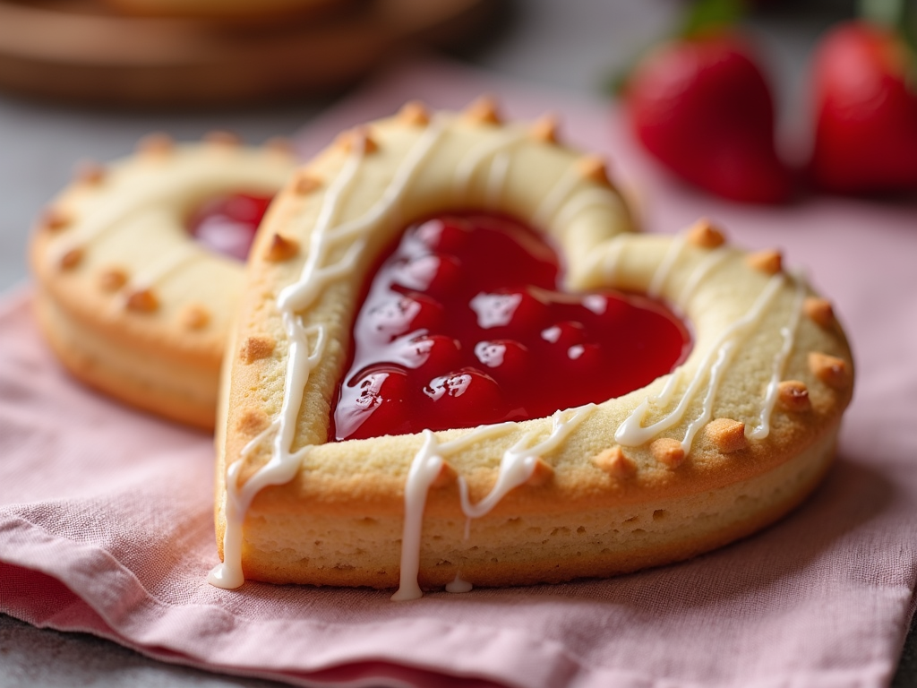 A heart-shaped cookie with a shortbread base, filled with a layer of fresh strawberry compote, and finished with a light glaze.