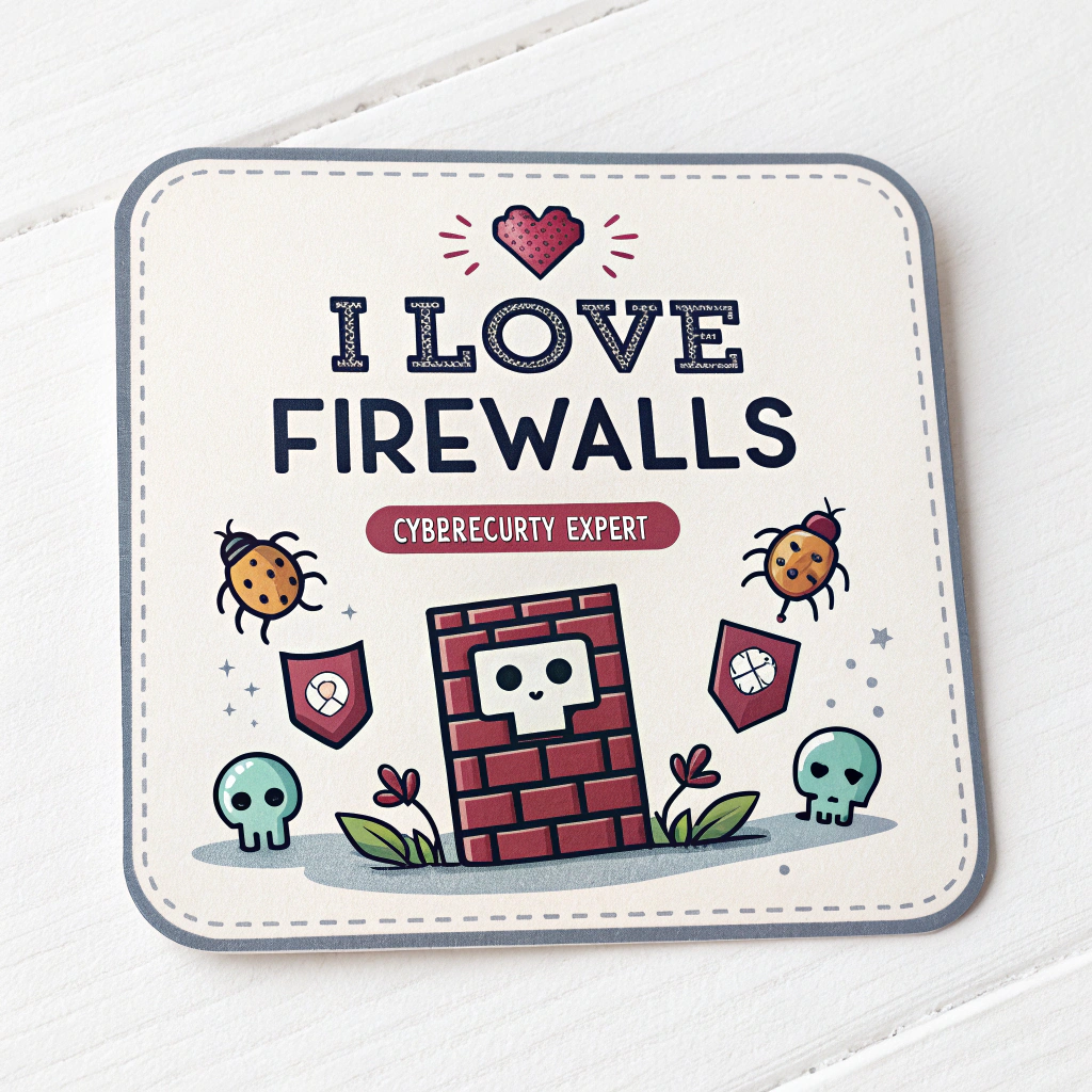 Pixel Protector Sticker: A square or rectangular sticker with rounded corners, depicting a pixel art firewall blocking pixelated 'threats' (like tiny bugs or skulls). 'I LOVE FIREWALLS' in a pixel font, and 'Cybersecurity Expert' in a clearer, smaller font above.