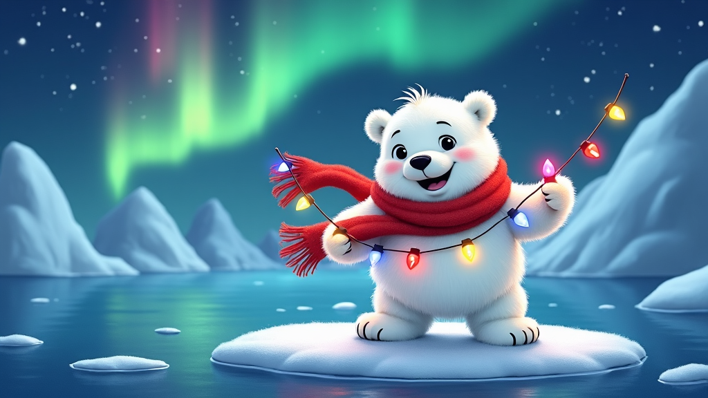 A cute cartoon polar bear wrapped in a red scarf stands on an ice floe holding a string of colorful lights. Icebergs and twinkling stars pepper the background, as an aurora borealis adds a touch of magic to the environment, creating an endearing Arctic Christmas scene.