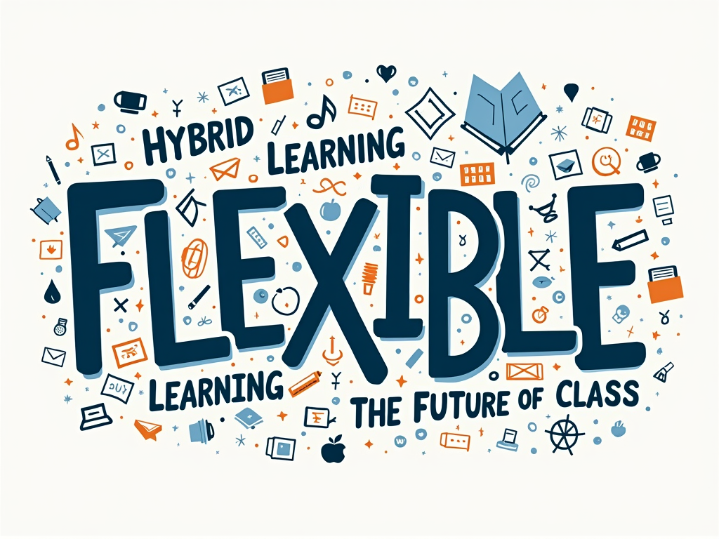 Design 5: 'Typography in Motion' - Focus on dynamic typography. The word 'FLEXIBLE' is visually adaptable (e.g., letters stretching, bending, or made of connectable segments). 'Hybrid Learning' and 'The Future of Class' are incorporated around this central word, perhaps with small icons representing books and screens.
