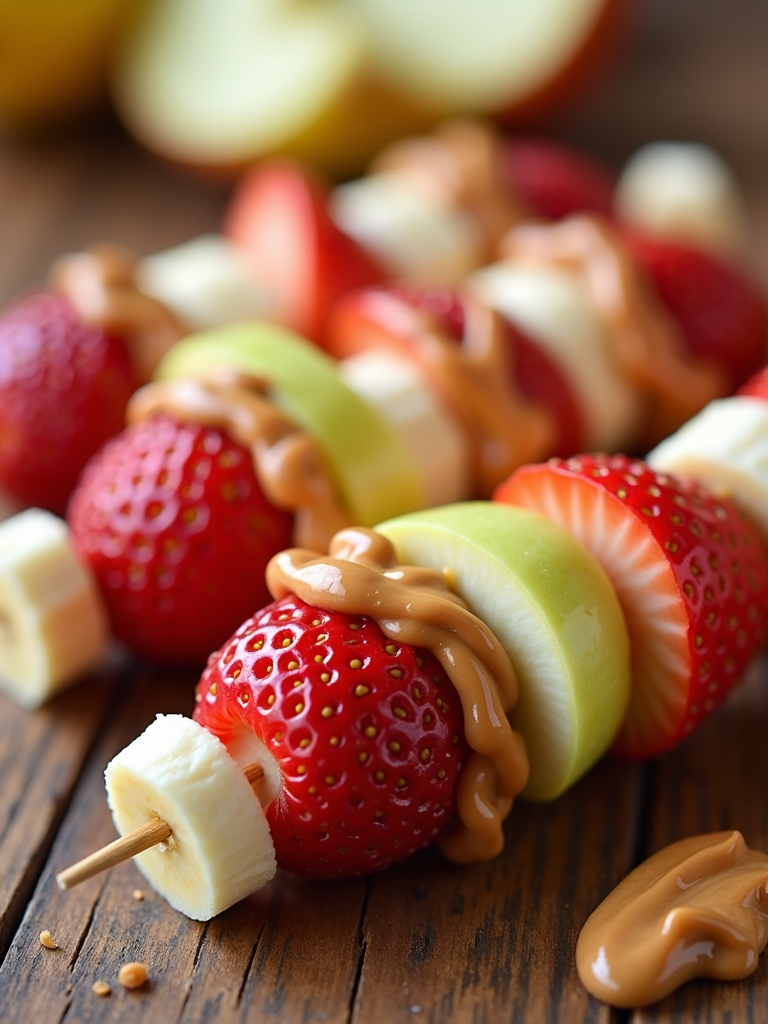 Apple slice and peanut butter skewers, with alternating pieces of fruit for a fun presentation.