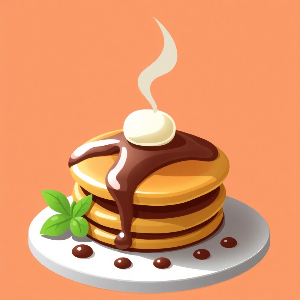 The image is an illustration of a stack of pancakes on a white plate. The pancakes are golden brown and appear to be freshly made. On top of the stack, there is a dollop of whipped cream and a drizzle of chocolate sauce. The sauce is dripping down the sides of the pancakes. There are also a few mint leaves scattered around the plate, adding a pop of green color to the image. The background is a solid peach color.