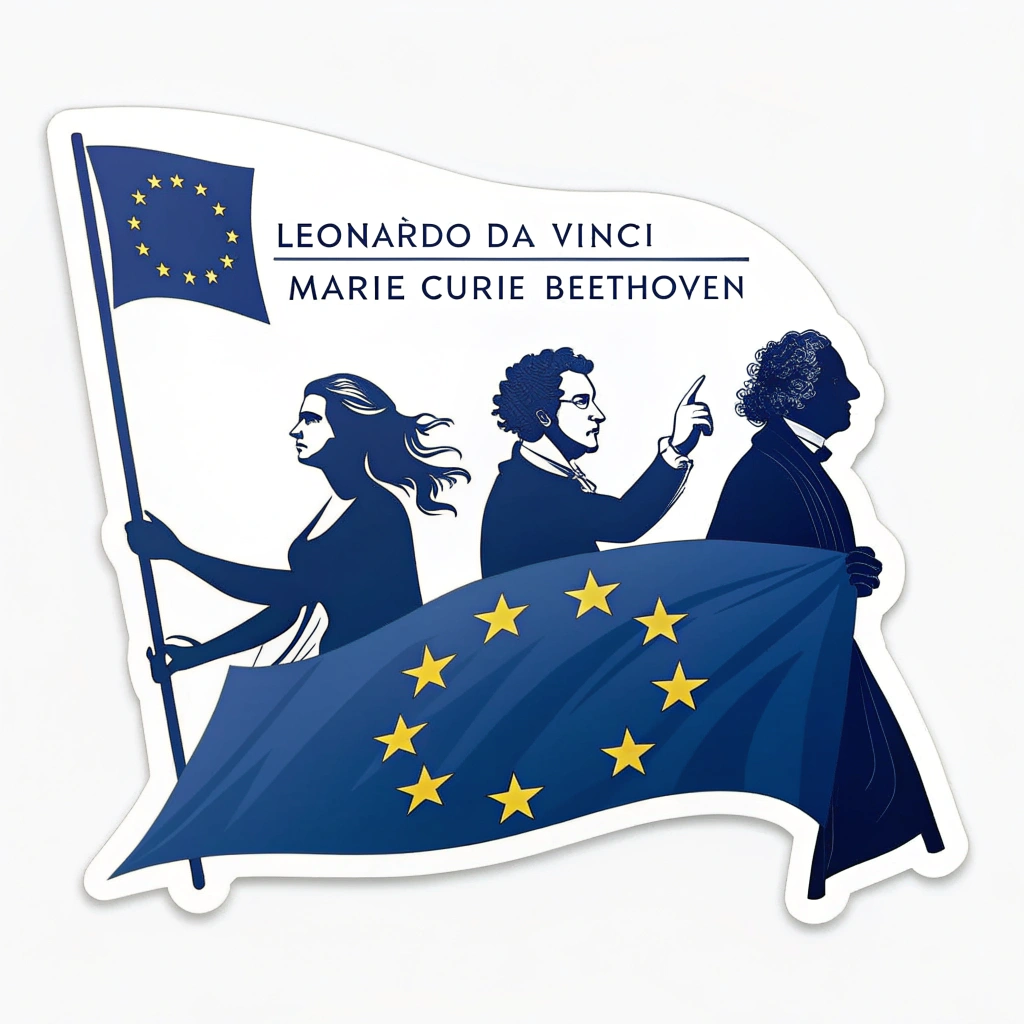 A design incorporating the European Union flag with a silhouette of iconic European figures like Leonardo da Vinci, Marie Curie, and Beethoven, accompanied by the slogan.