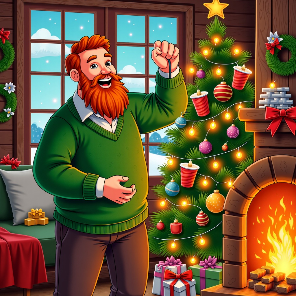  a man with a red beard and mustache standing in front of a Christmas tree in a living room. He is wearing a green sweater and has a big smile on his face. The tree is decorated with colorful ornaments, lights, and a star on top. Next to the tree, there is a fireplace with a stack of presents and a wreath hanging on the wall. The room has a window with a view of the mountains and a blue sky. The overall mood of the image is cheerful and festive.