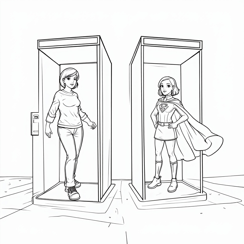 A coloring page depicting a character stepping into a phone booth as a regular person and emerging as a superhero on the other side.