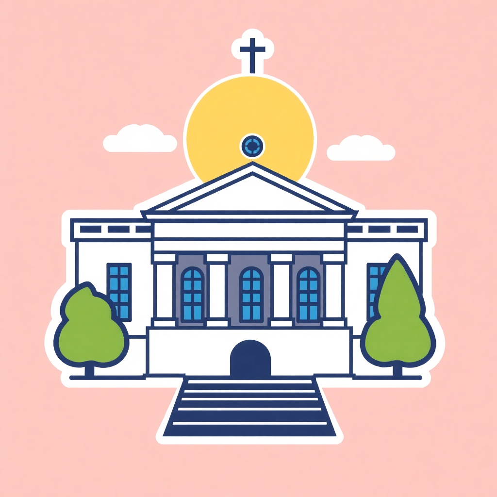 The image is an illustration of a church with a yellow sun in the background. The church has a white facade with columns and a blue dome on top. There are two trees on either side of the entrance and a set of stairs leading up to the front door. Above the entrance, there is a cross on top of the dome. The sky is filled with white clouds. The overall color scheme of the image is light pink and blue.