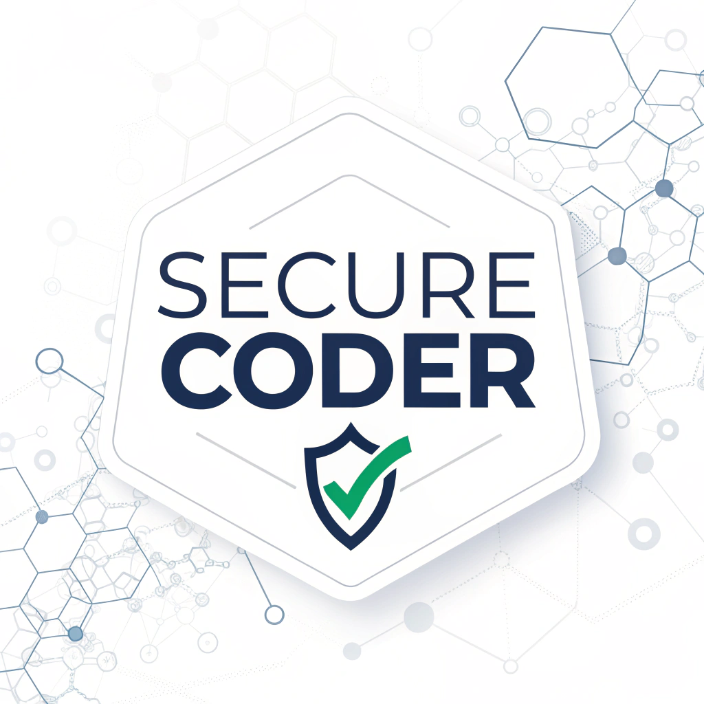 A minimalist sticker focusing on typography and iconography. The words 'Secure Coder' in a strong, clean sans-serif font, with a subtle geometric pattern in the background (like connected hexagons). A small, unambiguous icon like a green checkmark within a shield, or a closed bracket `]` symbol highlighting security.
