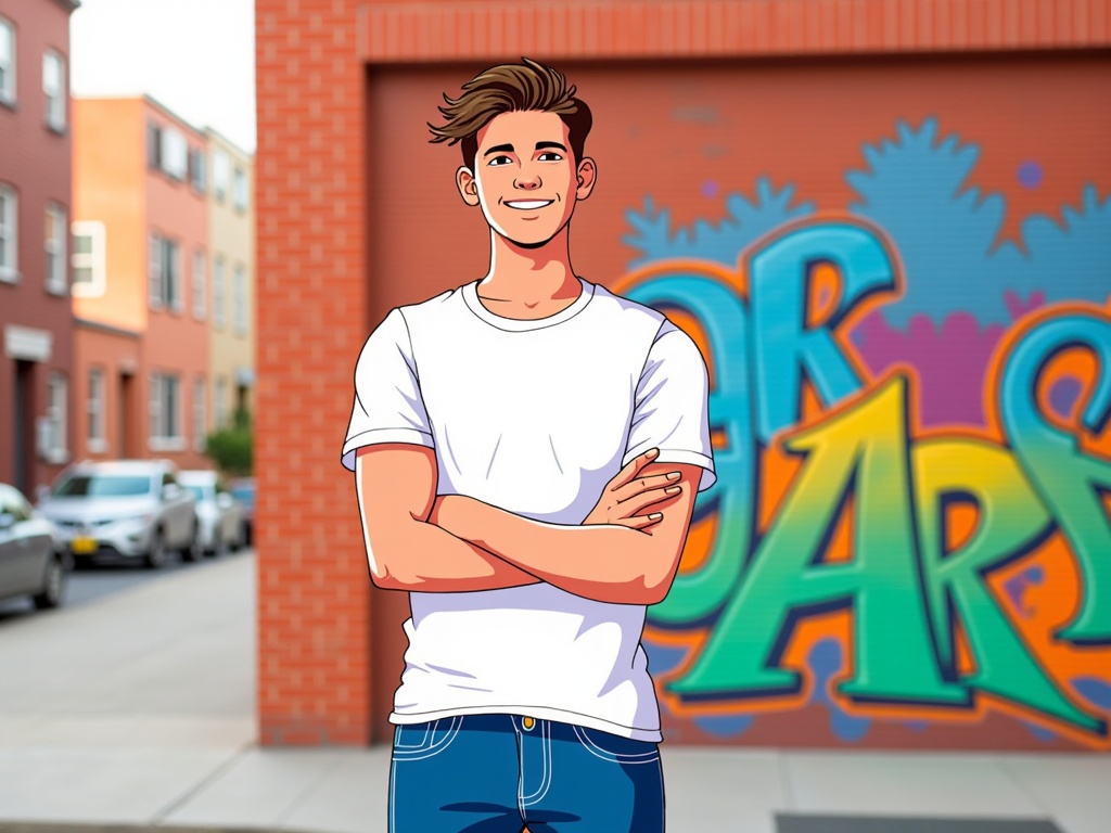  a young man standing on a sidewalk in front of a brick building with graffiti on it. He is wearing a white t-shirt and blue jeans. He has short brown hair and is smiling at the camera. His arms are crossed over his chest and he appears to be confident and relaxed. The graffiti on the wall behind him is colorful and has the word JAR written in bold letters. There are cars parked on the street and buildings in the background.