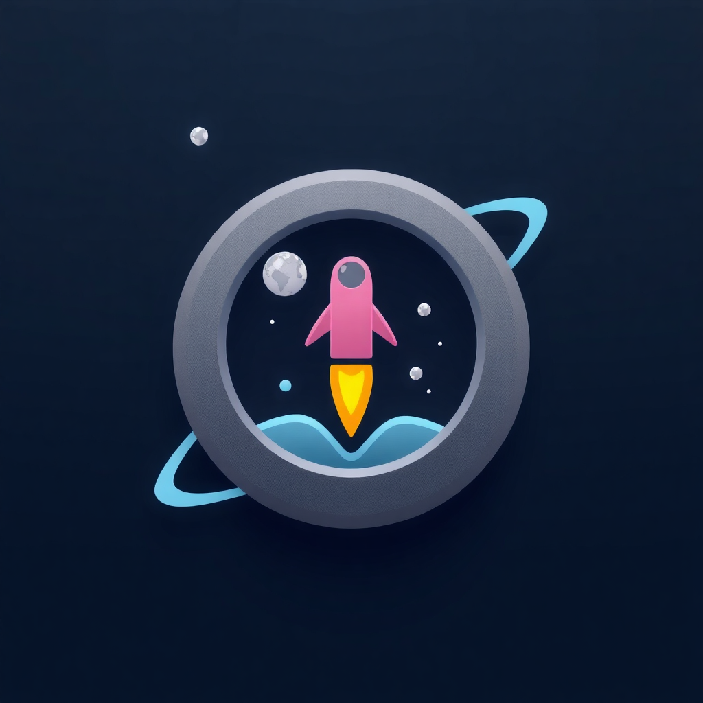 The image is a digital illustration of a pink rocket ship in the center of a black circle. The rocket ship is in the shape of a circle with a blue ring around it. Inside the circle, there is a small white planet and a small blue wave. The background is dark blue, making the rocket ship and the planet stand out. The overall design is simple and cartoon-like.