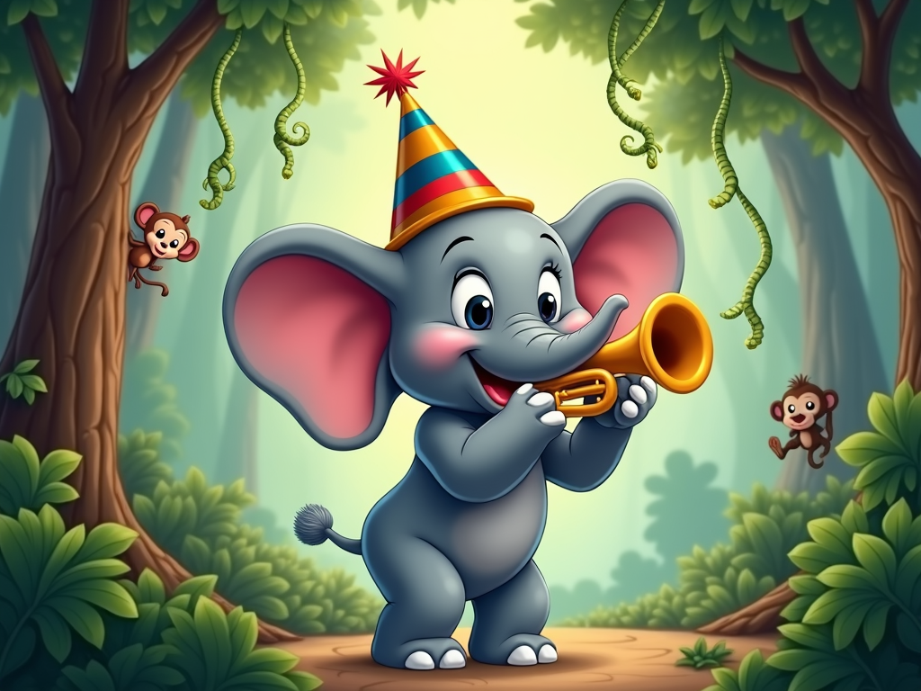 A friendly cartoon elephant with large, expressive eyes, wearing a colorful party hat and holding a small trumpet, set against a backdrop of lush jungle foliage with playful vines and hidden animals.