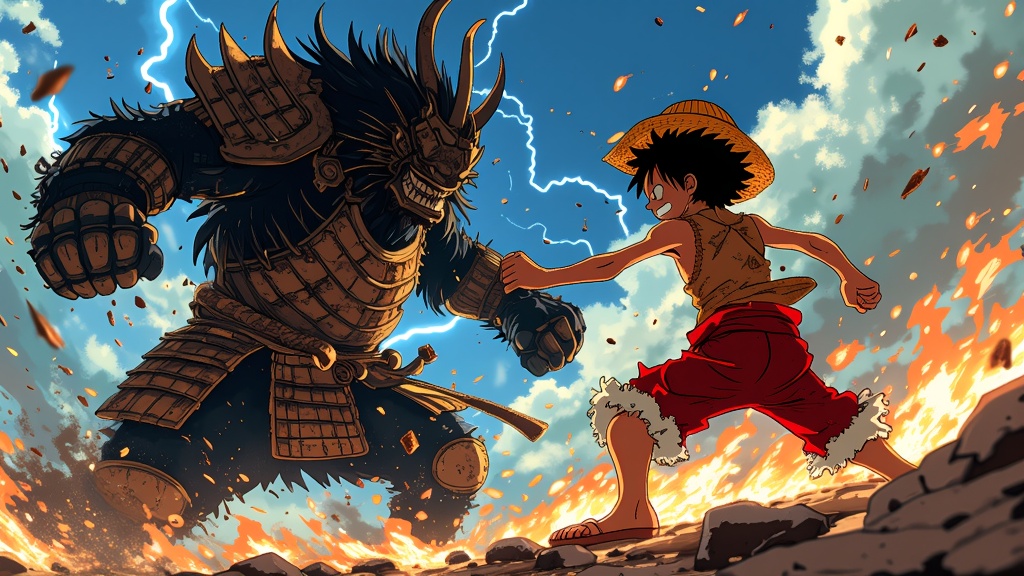 Iconic showdown between Luffy and Kaido in a clash of titans, surrounded by fragments and lightning strikes, emphasizing their immense power.