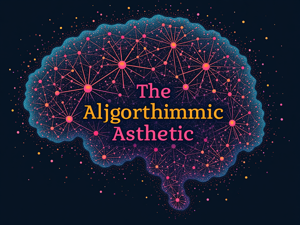 Neural Network Bloom: A stylized neural network with nodes blossoming into artistic, couture-inspired patterns, symbolizing the generative process emerging into sophisticated aesthetics. The phrase 'The Algorithmic Aesthetic' could be subtly integrated.