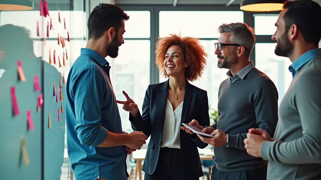 A candid shot of colleagues brainstorming ideas on a glass board, their marker pens scattered around and filled notes all over surfaces.