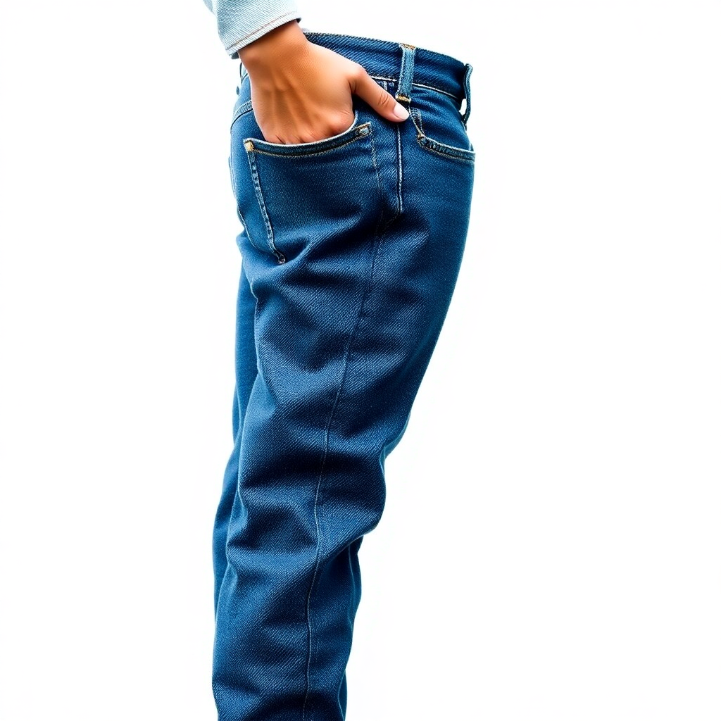  a pair of blue jeans from the waist down. The jeans are a dark blue color and appear to be made of a denim-like material. The person is standing with their back to the camera, and their hand is visible in the pocket of the jeans. The background is white, and the focus is on the jeans and the person's hand.