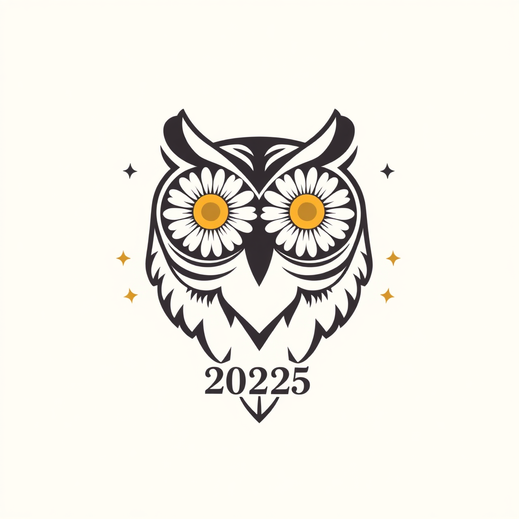 Simple Logo Idea: A stylized owl head where its large, round eyes are represented by iconic daisy flower heads. A few subtle star glints around it, with '2025' or 'XXV' elegantly placed underneath or integrated into a feather detail.