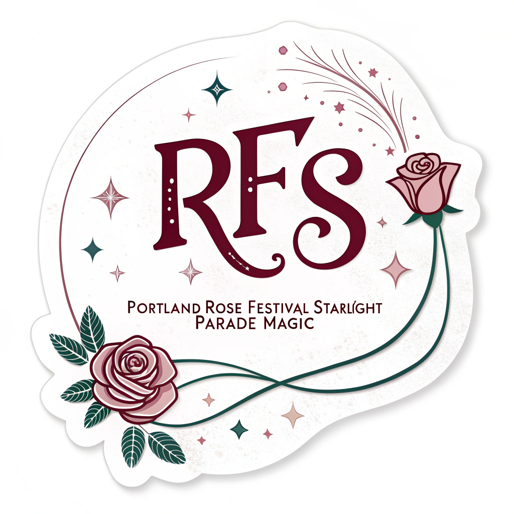 Simple Logo Idea: The initials 'RFS' (Rose Festival Starlight) intertwined, with a small star dotting the 'i' in 'Starlight' and a subtle rose forming part of one of the letters. The words 'Portland Rose Festival - Starlight Parade Magic' would be secondary text.
