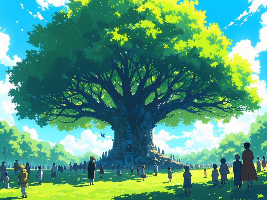 Sub-design Idea 4 (Fandom Tree of Life): A massive, stylized tree (e.g., a peach tree for MomoCon) where branches and leaves are composed of scenes or silhouettes of diverse anime characters and symbols, all interconnected and representing shared passion.