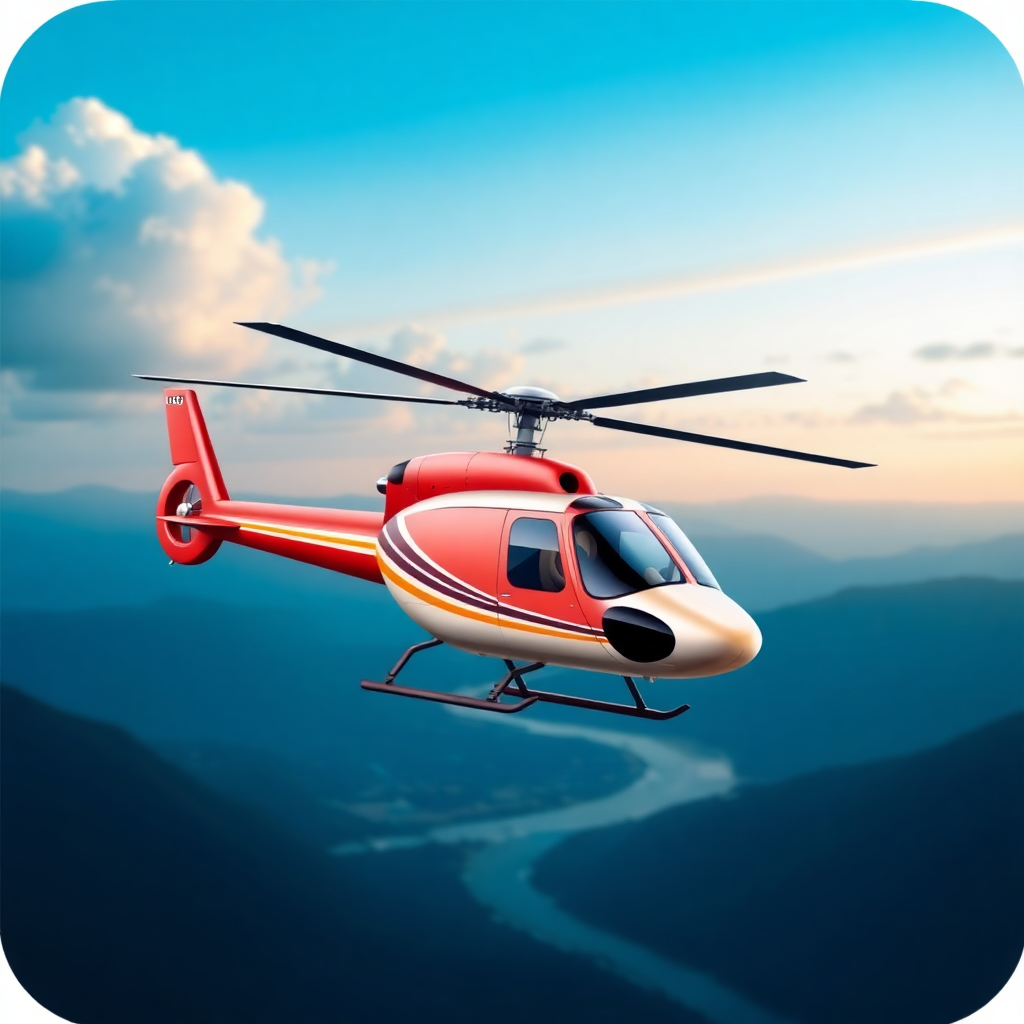 The image is a digital illustration of a red and white helicopter flying over a beautiful landscape. The helicopter is in the center of the image, with its body facing towards the right side of the frame. It has a sleek design with a pointed nose and two propellers on either side. The body of the helicopter is painted in a bright red color with white stripes running along the sides. The background is a clear blue sky with a few white clouds scattered across it. In the distance, there is a body of water, possibly a river or a lake, with mountains in the distance. The overall color scheme of the illustration is vibrant and eye-catching.