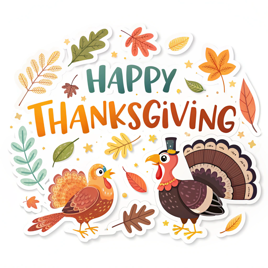 The image shows a poster with a white background featuring a happy Thanksgiving card with two turkeys and leaves. The card is decorated with colorful stickers of birds and leaves, creating a festive atmosphere.