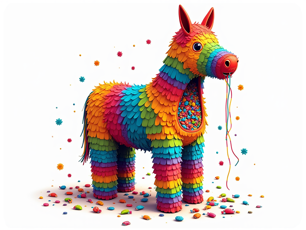 T-Shirt Design: 'Piñata Anatomy  - Sweet Surprise' - A cross-section or 'exploded view' of a piñata showing its colorful paper layers and the abundance of candy packed inside, with some candies beginning to spill out. Could have a slightly humorous or technical drawing style.