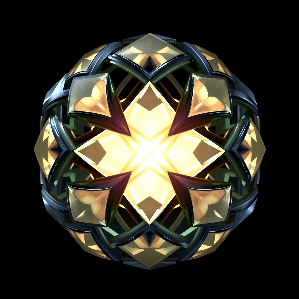 Dimensional Weave Orb: The orb showcases shifting geometric patterns that appear to weave through multiple dimensions, with facets catching and refracting light, causing the glow.