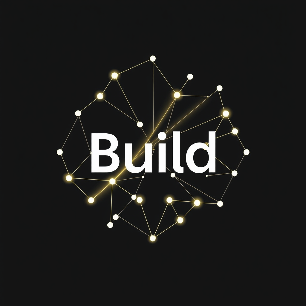 Sub Design Idea 4: A constellation-like pattern where nodes representing ideas or milestones are connected by swift light beams. The overall shape subtly outlines the 'Build' wordmark or the Microsoft logo, symbolizing the interconnectedness and speed of innovation.