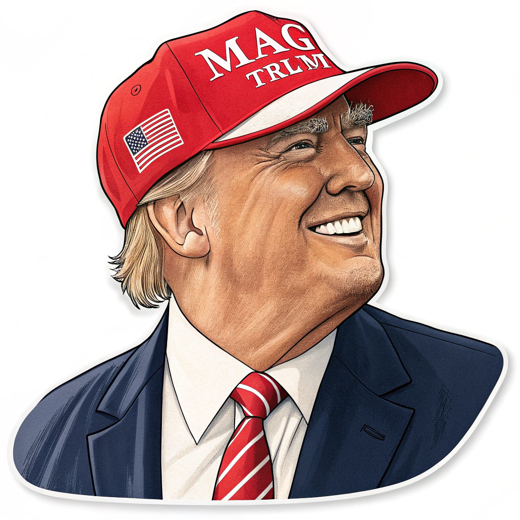 A sticker of Donald Trump wearing a red MAGA hat, smiling confidently.