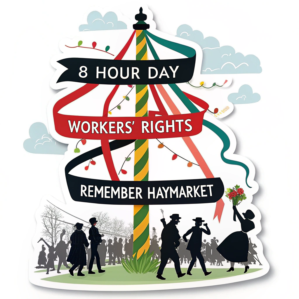 Maypole & Protest Banner Fusion Sticker: A traditional Maypole where the ribbons are depicted as protest banners carrying slogans like '8 Hour Day,' 'Workers' Rights,' and 'Remember Haymarket.' The base could show silhouettes of people holding signs. Palette: A mix of brighter spring colors with bold protest colors (red, black).