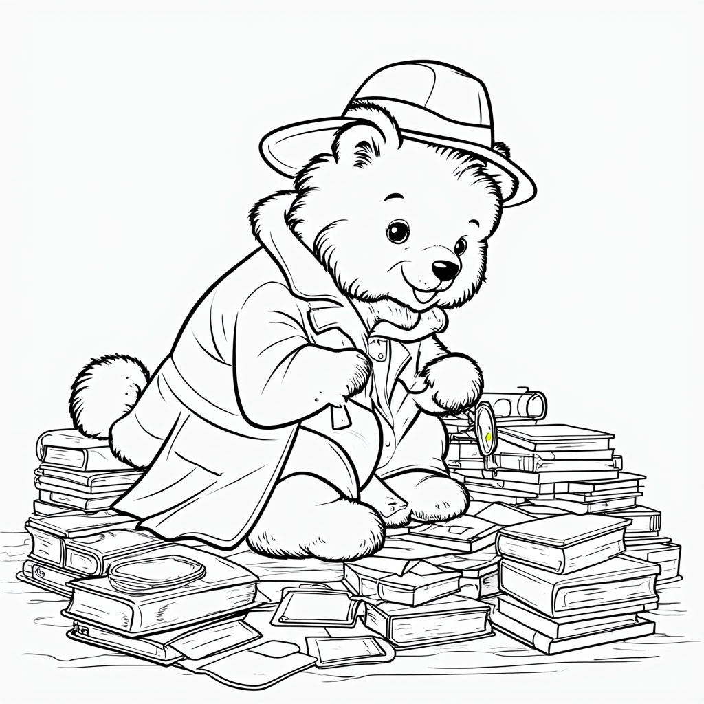 A bear detective investigating clues with a magnifying glass, amidst a clutter of mystery novels.