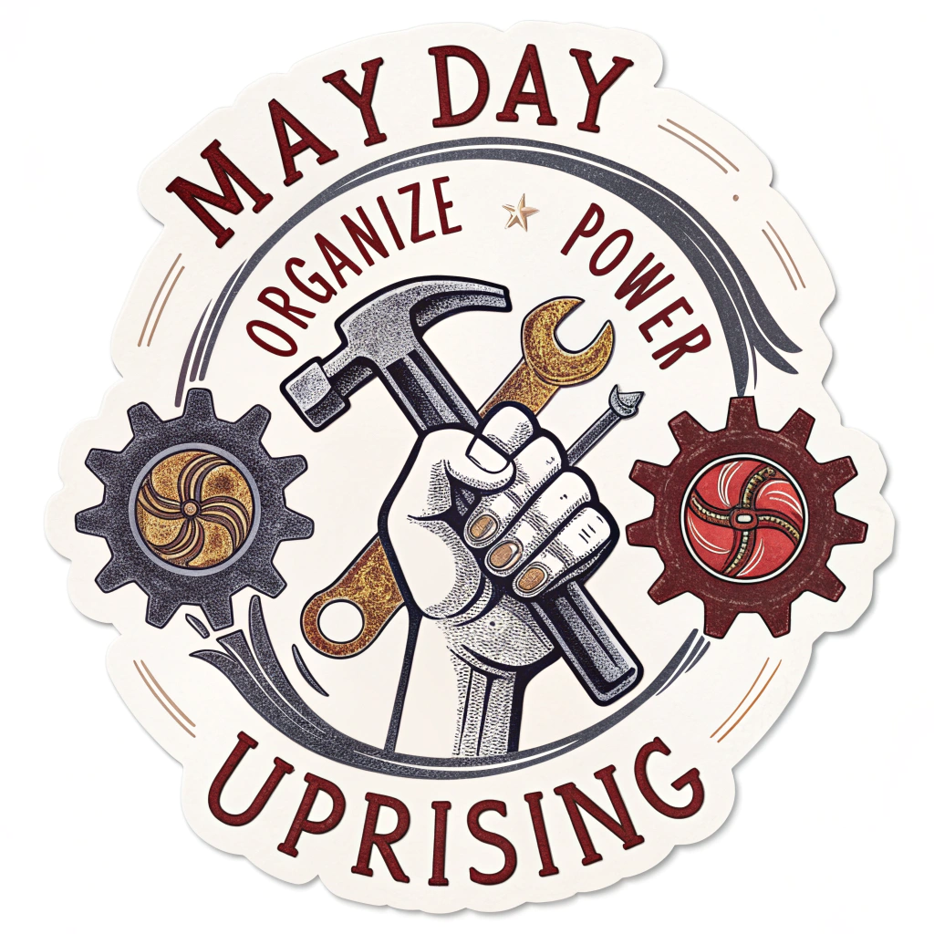 A sticker design with a central motif of interlocking gears and a crossed hammer/wrench or similar tools, symbolizing worker strength and industry. 'May Day Uprising' and 'Organize for Power' are incorporated into the design, possibly around the gears.