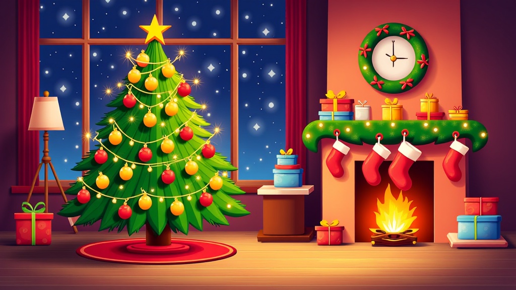 The image shows a festive living room with a Christmas tree decorated with colorful balls, stars, and other decorative items, a fireplace with gift boxes and socks hanging from it, a clock on the wall, a lamp on a stand, and a window with curtains.