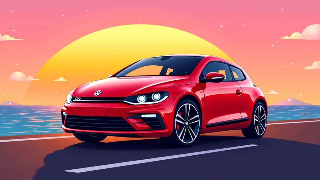 The image is a digital illustration of a red Volkswagen Golf GTI car parked on the side of a road. The car is facing towards the right side of the image and is positioned in front of a beautiful sunset over the ocean. The sky is painted in a gradient of orange, pink, and yellow, with the sun setting in the background. The ocean is a deep blue-green color and there are small islands visible in the distance. The road is empty and the car is positioned at an angle, with no other cars or people in sight. The overall mood of the illustration is peaceful and serene.