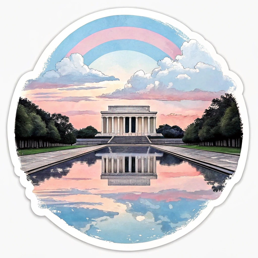 Sub-Design Idea 3: The Lincoln Memorial, with the Reflecting Pool in the foreground. The sky above and its reflection are colored with the soft pastel stripes (blue, pink, white) of the Transgender Pride flag.