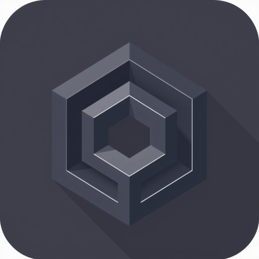 A single, bold 3D geometric form (e.g., a stylized cube, prism, or angular abstract shape) that suggests architectural elements and solidity.